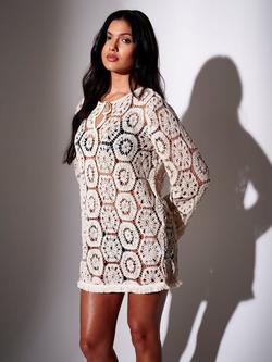 South Beach Crochet Fringe Tunic Dress, Beige - view 2, Beige