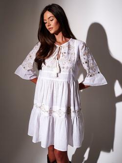 South Beach Mirror Detail Tie Neck Dress, White, White