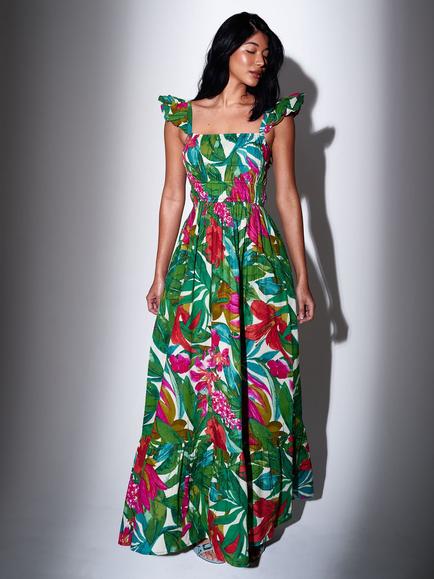 South Beach Printed Smocked Bodice Frill Sleeve Maxi Dress, Multi, Multi