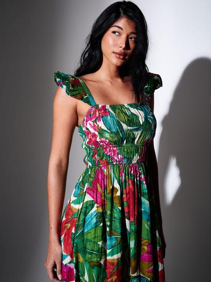 South Beach Printed Smocked Bodice Frill Sleeve Maxi Dress, Multi - view 2, Multi