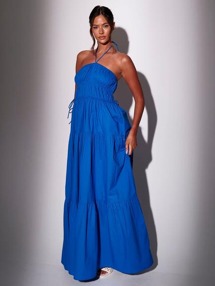 South Beach Halterneck Tiered Maxi Dress, Blue, Blue