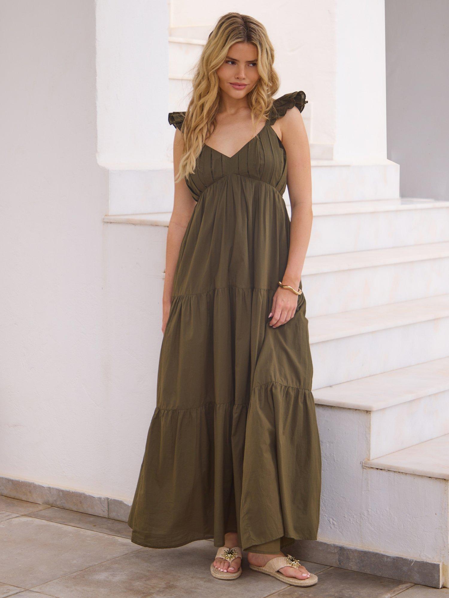 South Beach Tiered Cotton Maxi Dress, Khaki