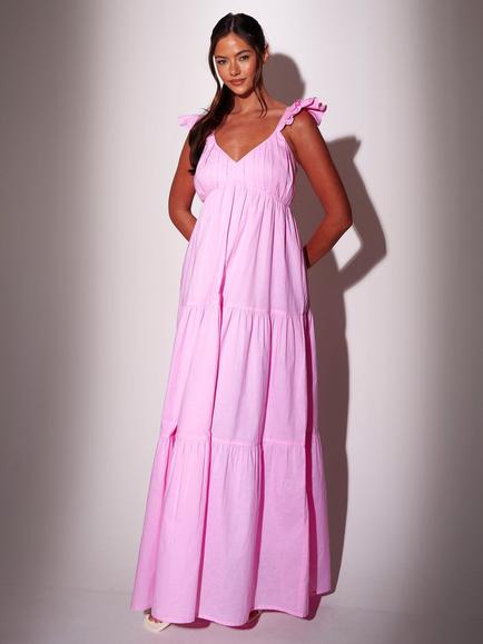 South Beach Frill Sleeve Tiered Maxi Dress, Pink