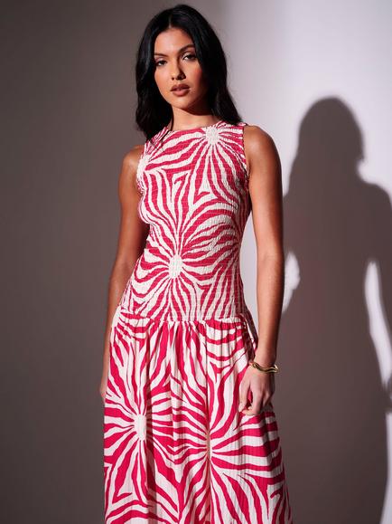 South Beach Sunburst Textured Sleeveless Shirred Drop Waist Maxi Dress - view 2, Pink/White