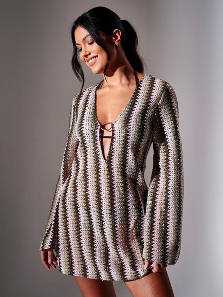 South Beach Sequin Crochet Ring Kaftan Mini Dress, Multi, Multi