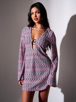 South Beach Chevron Crochet Ring Front Mini Kaftan Dress, Multi, Multi