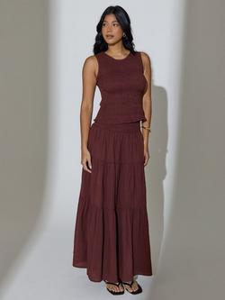 South Beach Shirred Waist Maxi Skirt, Brown, Brown