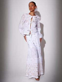 South Beach Embroidered Mirror Disc Detail Tiered Maxi Skirt, White/Gold, White/Gold