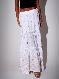 South Beach Embroidered Mirror Disc Detail Tiered Maxi Skirt, White/Gold - view 2, White/Gold
