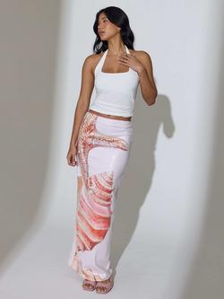 South Beach Sequin Overlay Seashell Printed Maxi Skirt, Pink, Pink
