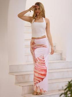 South Beach Sequin Overlay Seashell Printed Maxi Skirt, Pink - view 2, Pink