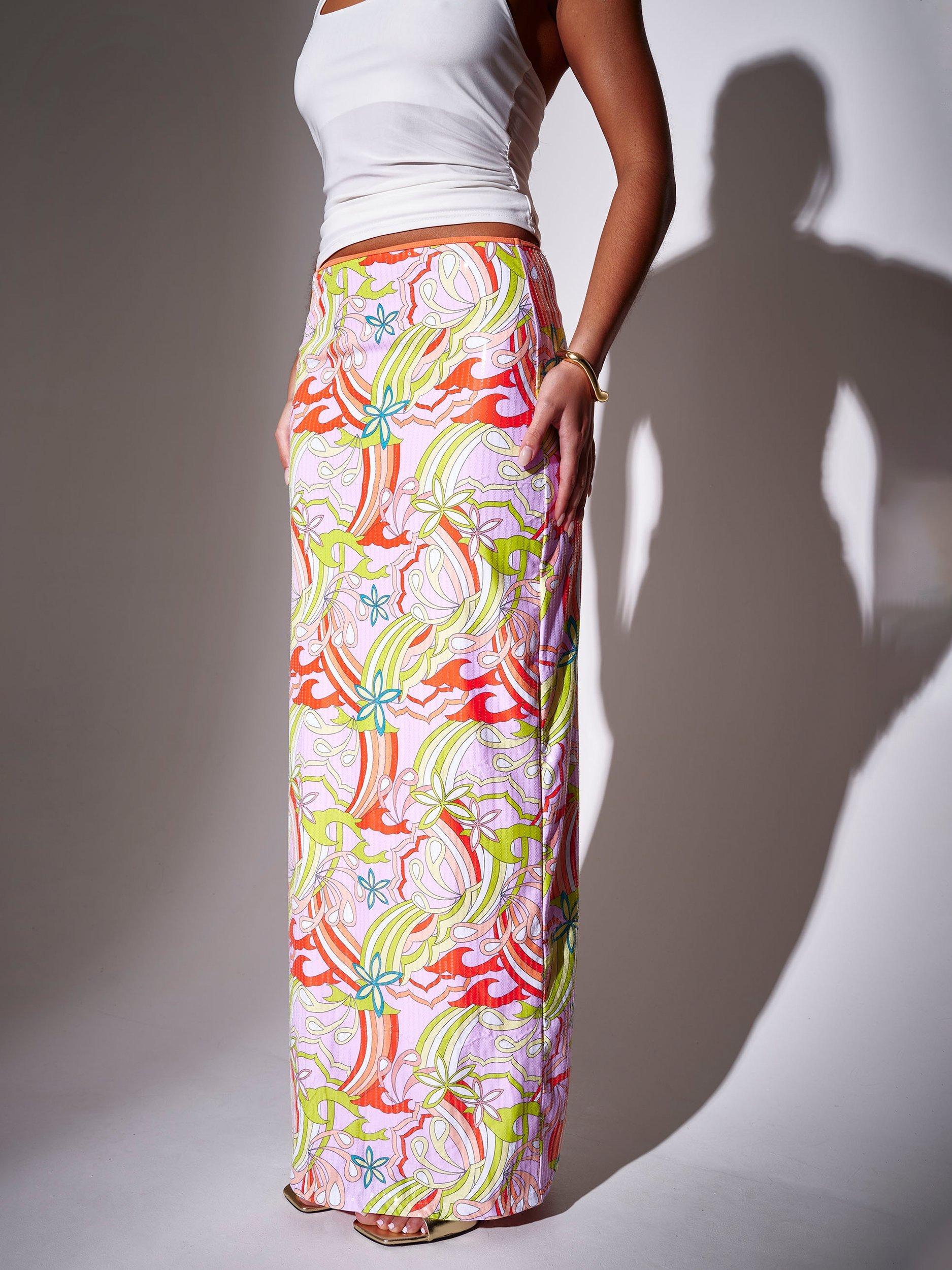 Product image 3 of 5, which shows South Beach Retro Printed Sequin Maxi Skirt, Multi, 10