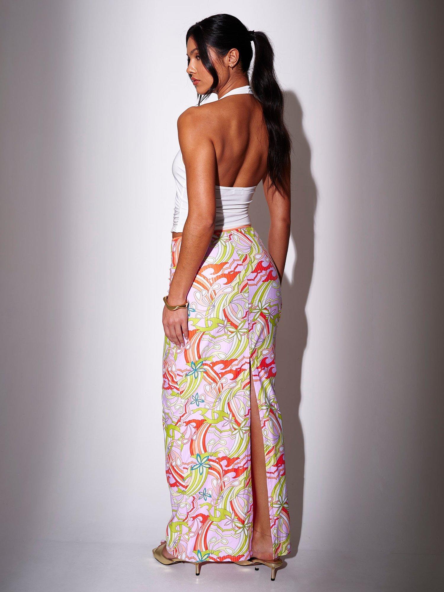 Product image 4 of 5, which shows South Beach Retro Printed Sequin Maxi Skirt, Multi, 10