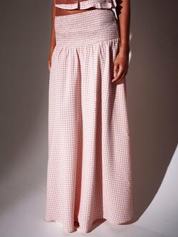 South Beach Textured Gingham Shirred Waist Maxi Skirt, Coral - view 2, Coral