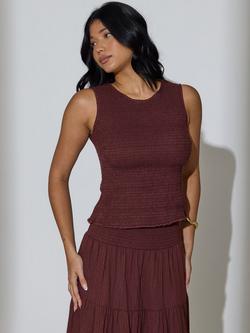 South Beach Shirred Sleeveless Top, Brown, Brown