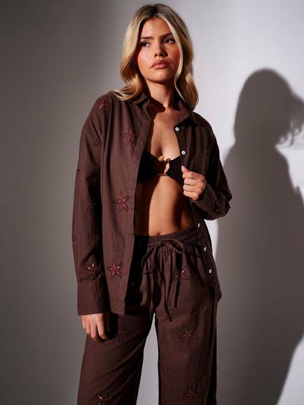 South Beach Starfish Long Sleeve Beach Shirt, Brown, Brown