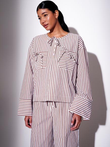 South Beach Stripe Long Sleeve Shirt, Brown/White