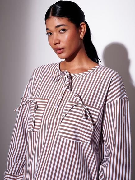 South Beach Stripe Long Sleeve Shirt - view 2, Brown/White