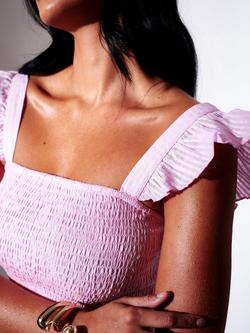South Beach Shirred Frill Sleeve Top, Pink - view 2, Pink