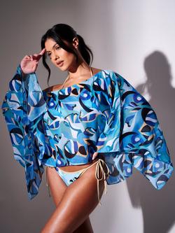 South Beach Printed Beach Poncho Cover Up, Blue/Multi, Blue/Multi