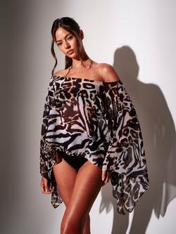 South Beach Leopard Beach Poncho Cover Up, Multi, Multi