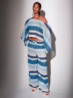 South Beach Crochet Striped Poncho Top, Blue - view 2, Blue