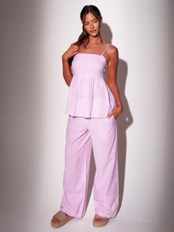South Beach Striped Wide Leg Deep Cuff Cotton Blend Trousers, Pink/White, Pink/White