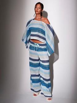 South Beach Crochet Striped Wide Leg Trousers, Blue, Blue