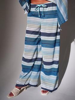 South Beach Crochet Striped Wide Leg Trousers, Blue - view 2, Blue