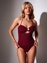 South Beach Crinkle Ring Detail Tummy Control Bandeau Swimsuit, Burgundy