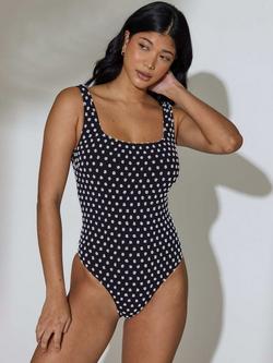 South Beach Textured Polka Dot Tummy Control Swimsuit, Black/White, Black/White