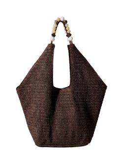 South Beach Straw Beaded Oversized Tote Bag, Brown, Brown