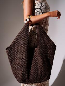 South Beach Straw Beaded Oversized Tote Bag, Brown - view 2, Brown