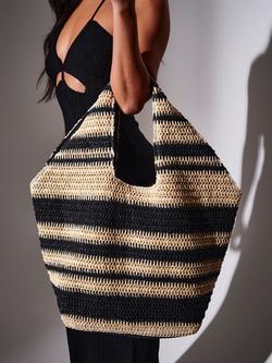 South Beach Stripe Straw Oversized Tote Bag, Monochrome - view 2, Monochrome
