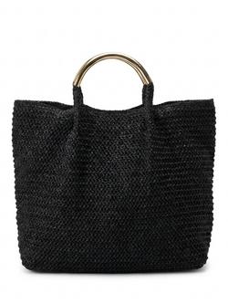 South Beach Straw Metal Handle Tote Bag, Black, Black