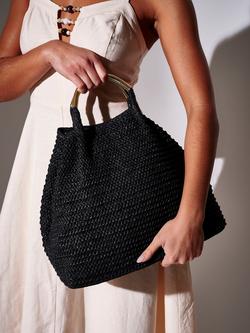 South Beach Straw Metal Handle Tote Bag, Black - view 2, Black