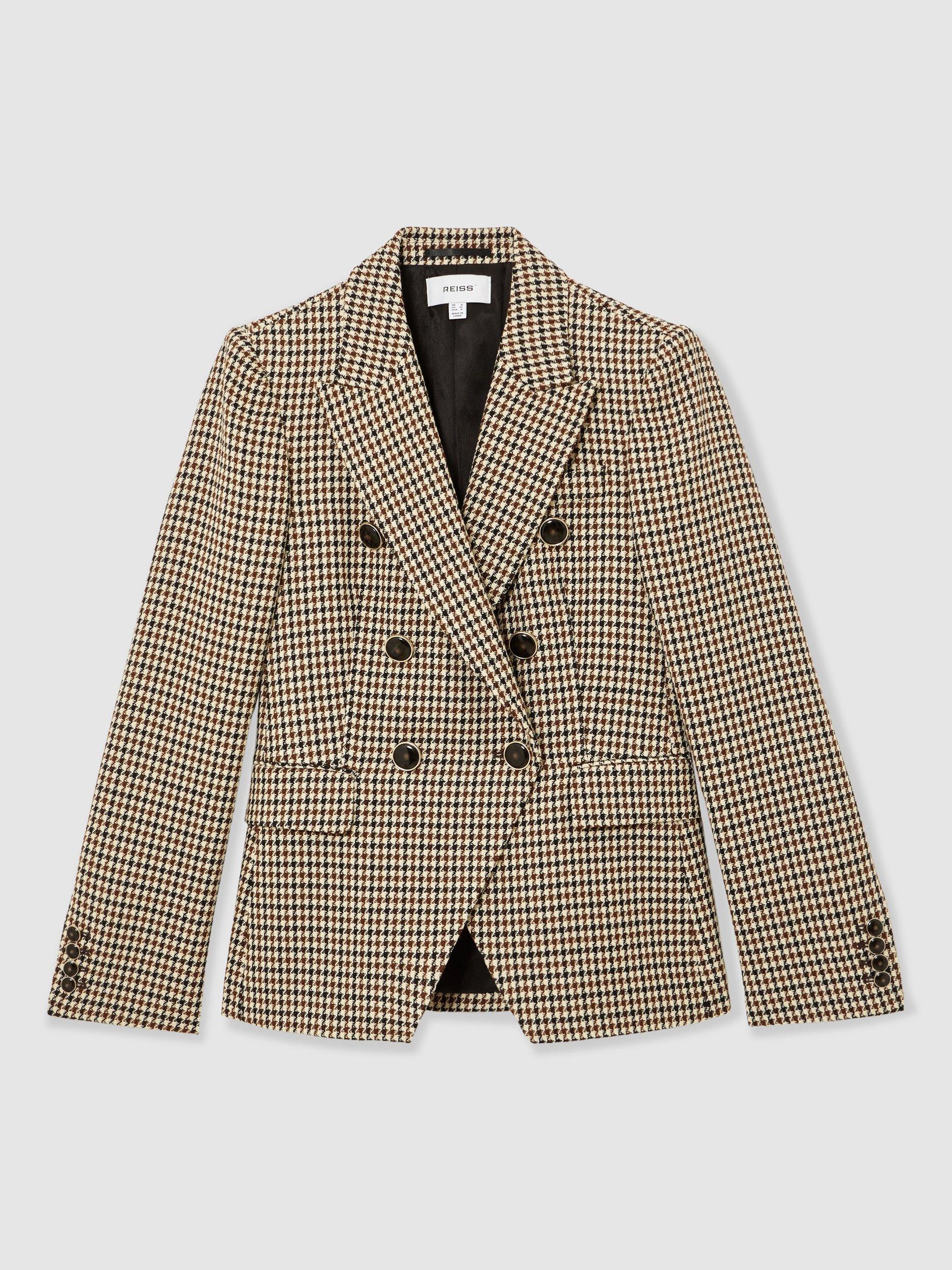 Product image 3 of 5, which shows Reiss Hartley Check Double Breasted Wool Blend Jacket, Neutral, 6