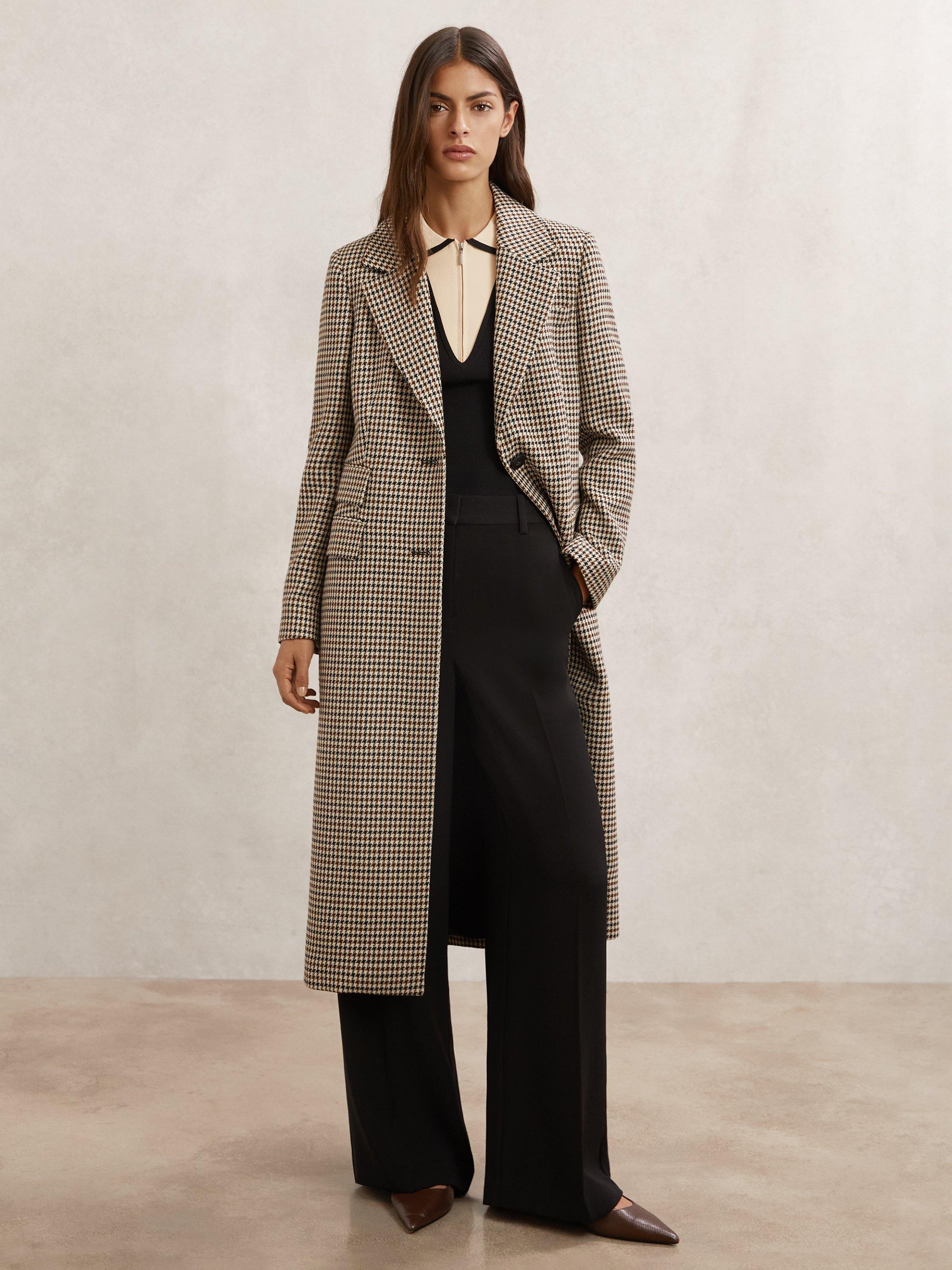 Product image 1 of 5, which shows Reiss Karina Dogtooth Wool Blend Coat, Neutral, 6
