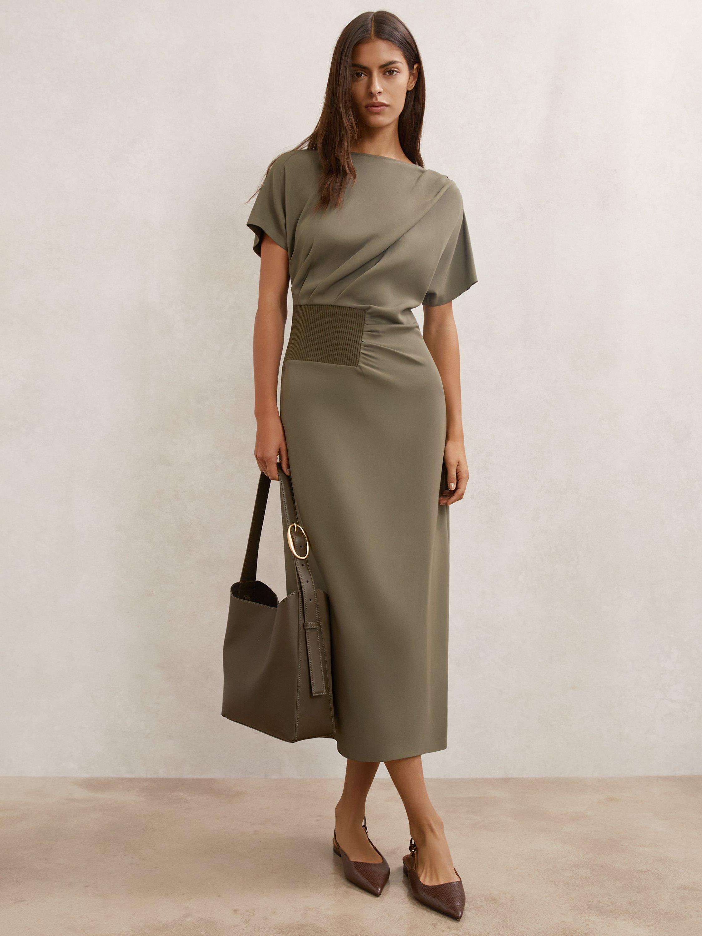 Product image 1 of 4, which shows Reiss Etta Drape Dress, Khaki, 6