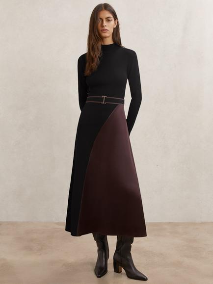 Reiss Misty Knit Woven Midi Dress, Black/Burgundy, Black/Burgundy