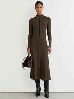 Reiss Polly Contrast Stitch Knitted Midi Dress, Khaki, Khaki