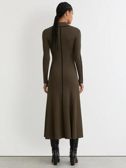 Reiss Polly Contrast Stitch Knitted Midi Dress, Khaki - view 2, Khaki