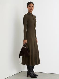 Reiss Petite Polly Contrast-Stitch Knitted Midi Dress, Khaki Green, Khaki Green