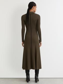 Reiss Petite Polly Contrast-Stitch Knitted Midi Dress, Khaki Green - view 2, Khaki Green