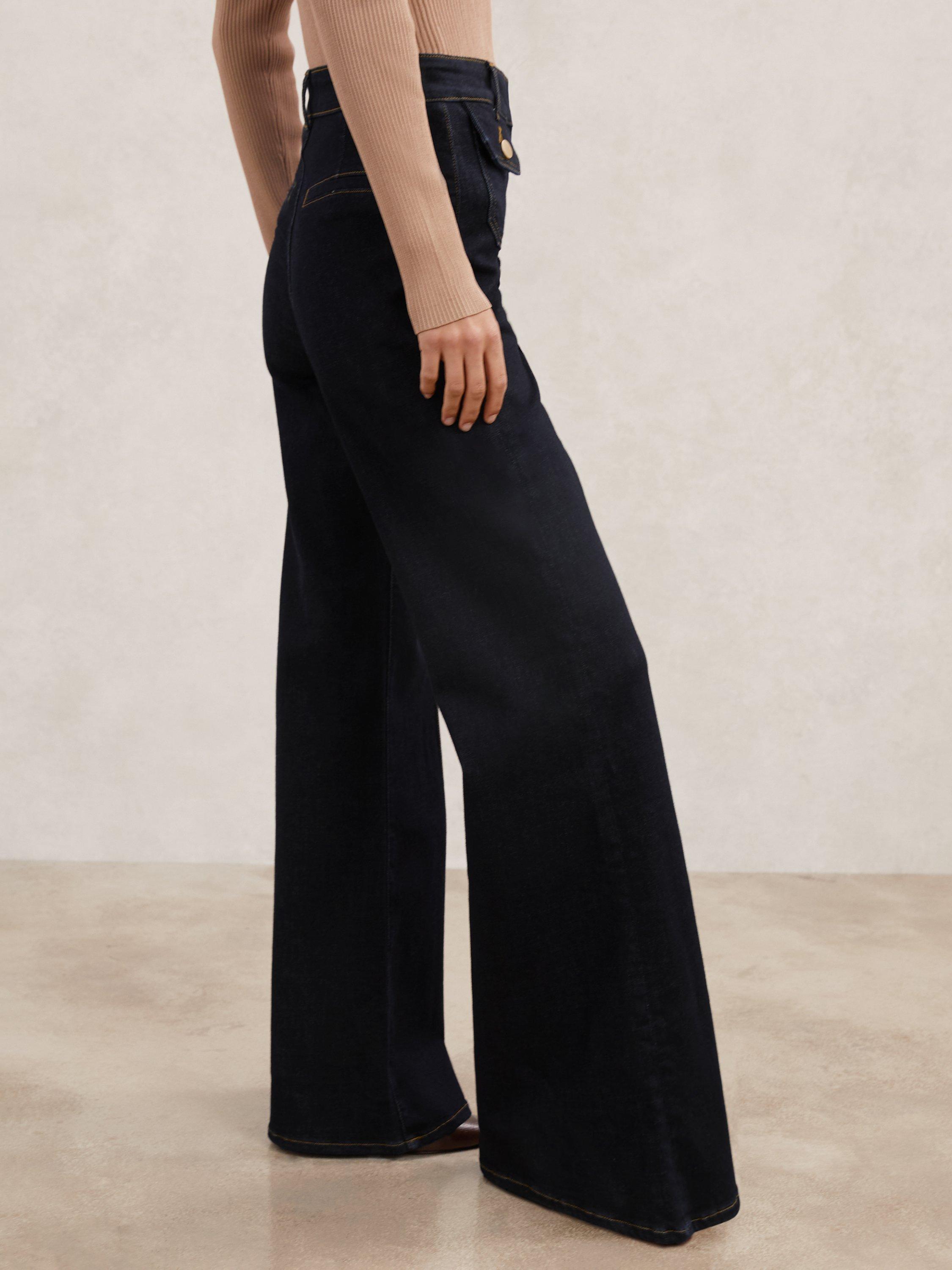 Product image 2 of 5, which shows Reiss Ria Button Detail Flared Jeans, Dark Blue, 28R