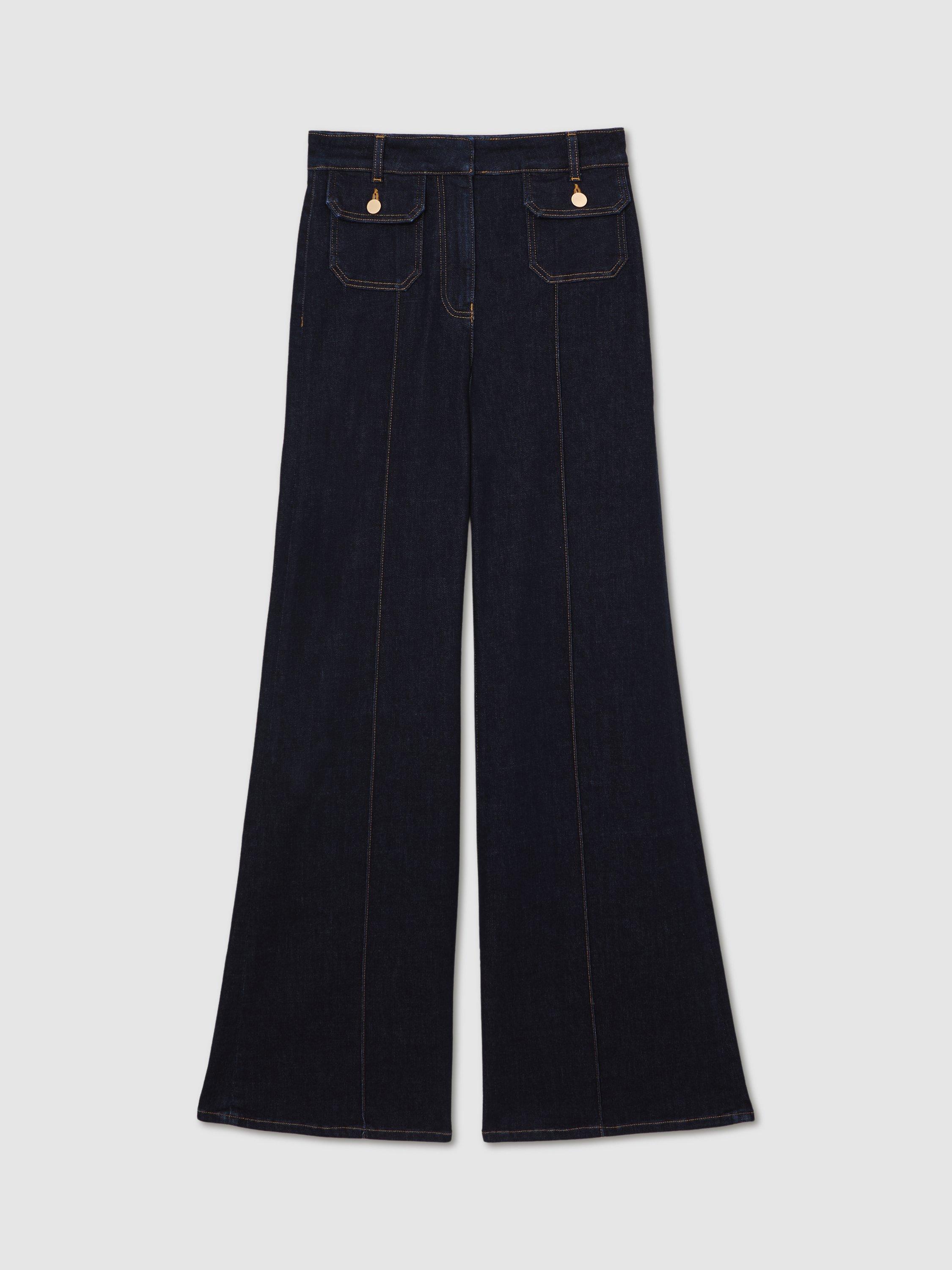 Product image 3 of 5, which shows Reiss Ria Button Detail Flared Jeans, Dark Blue, 28R