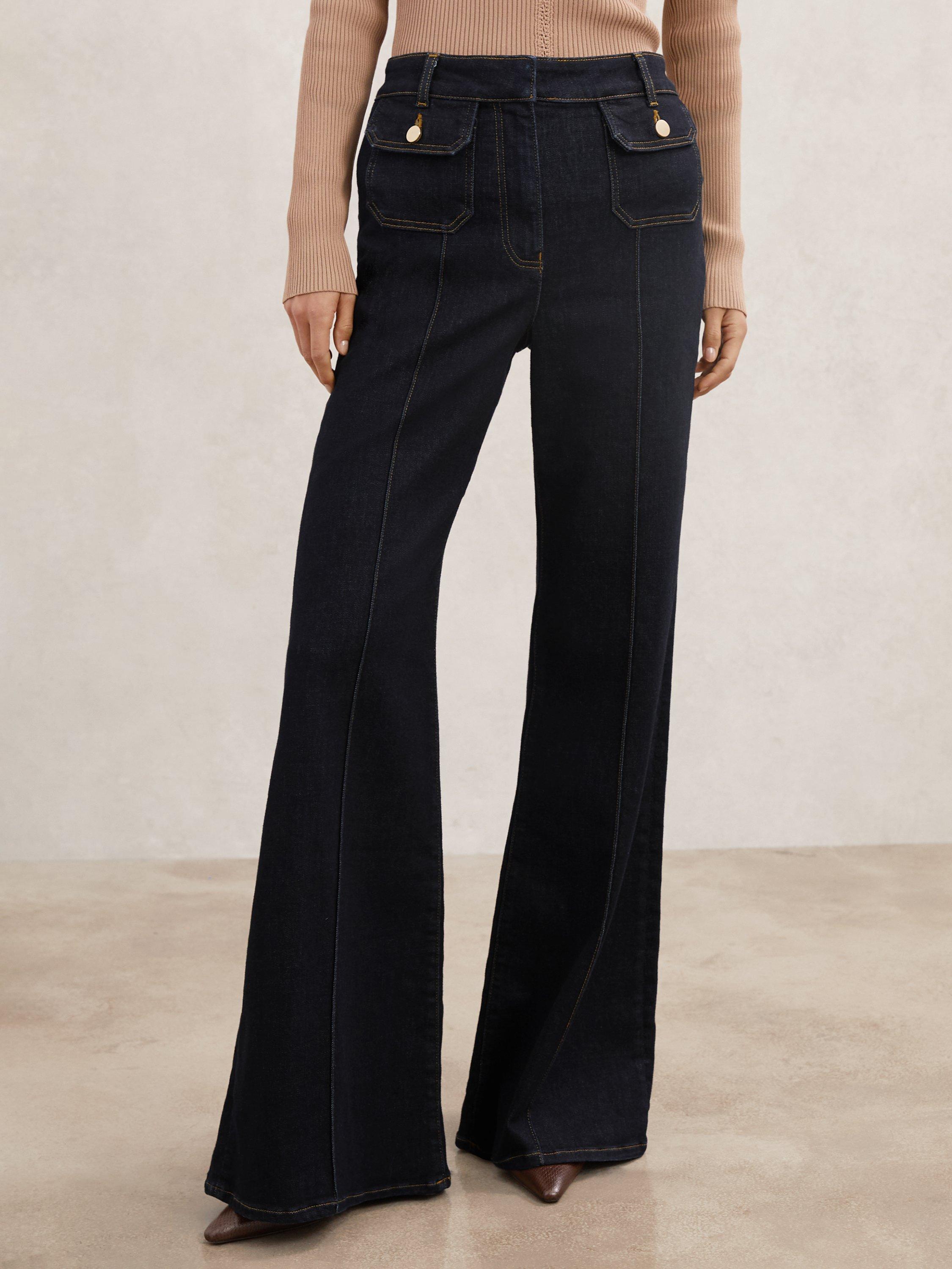 Product image 4 of 5, which shows Reiss Ria Button Detail Flared Jeans, Dark Blue, 28R
