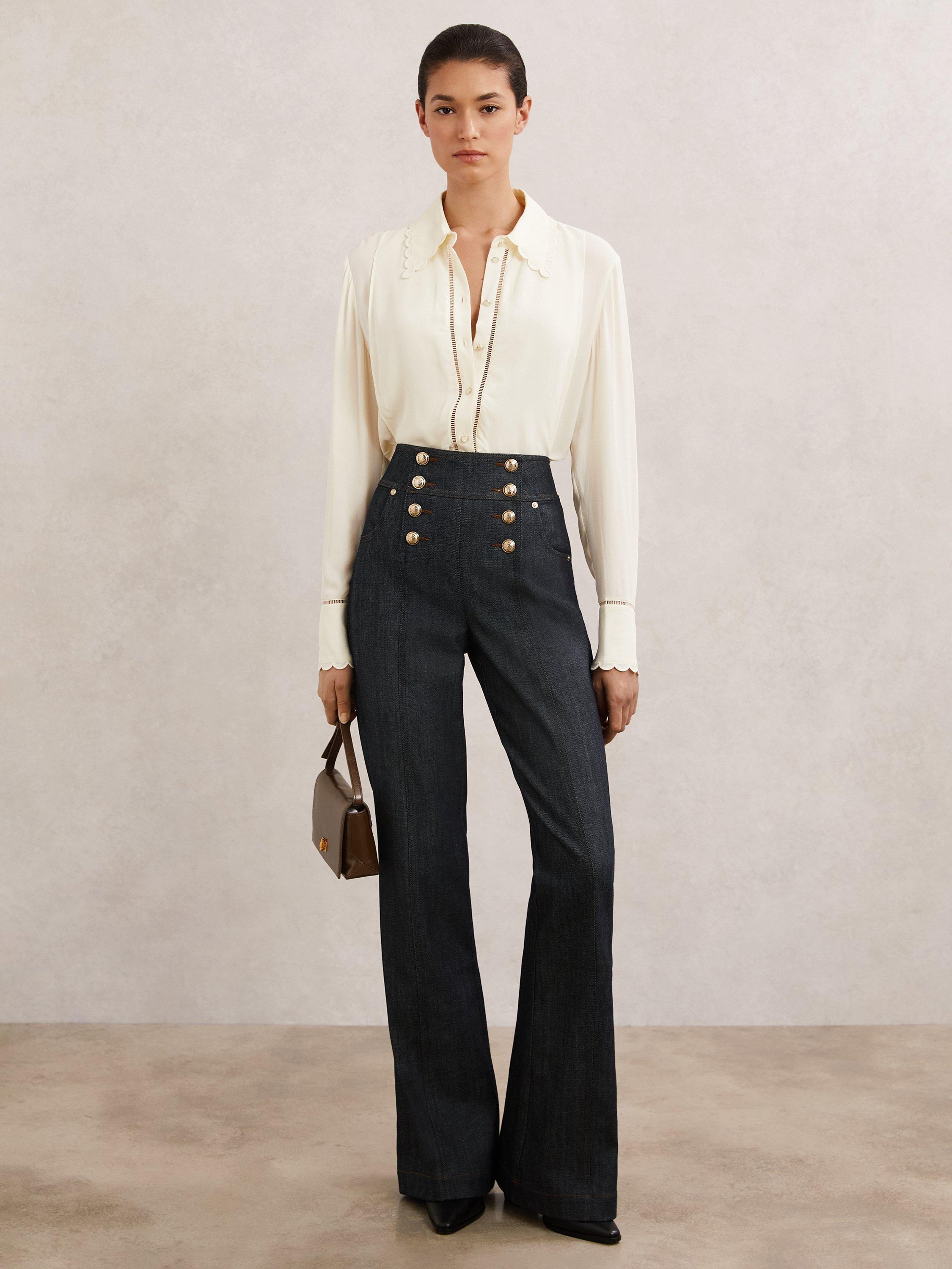 Product image 1 of 5, which shows Reiss Skylar Button Detail Flared Jeans, Dark Blue, 6R