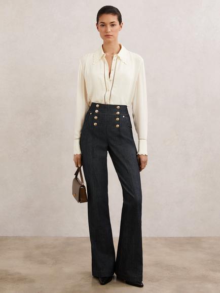 Reiss Skylar Button Detail Flared Jeans, Dark Blue, Dark Blue