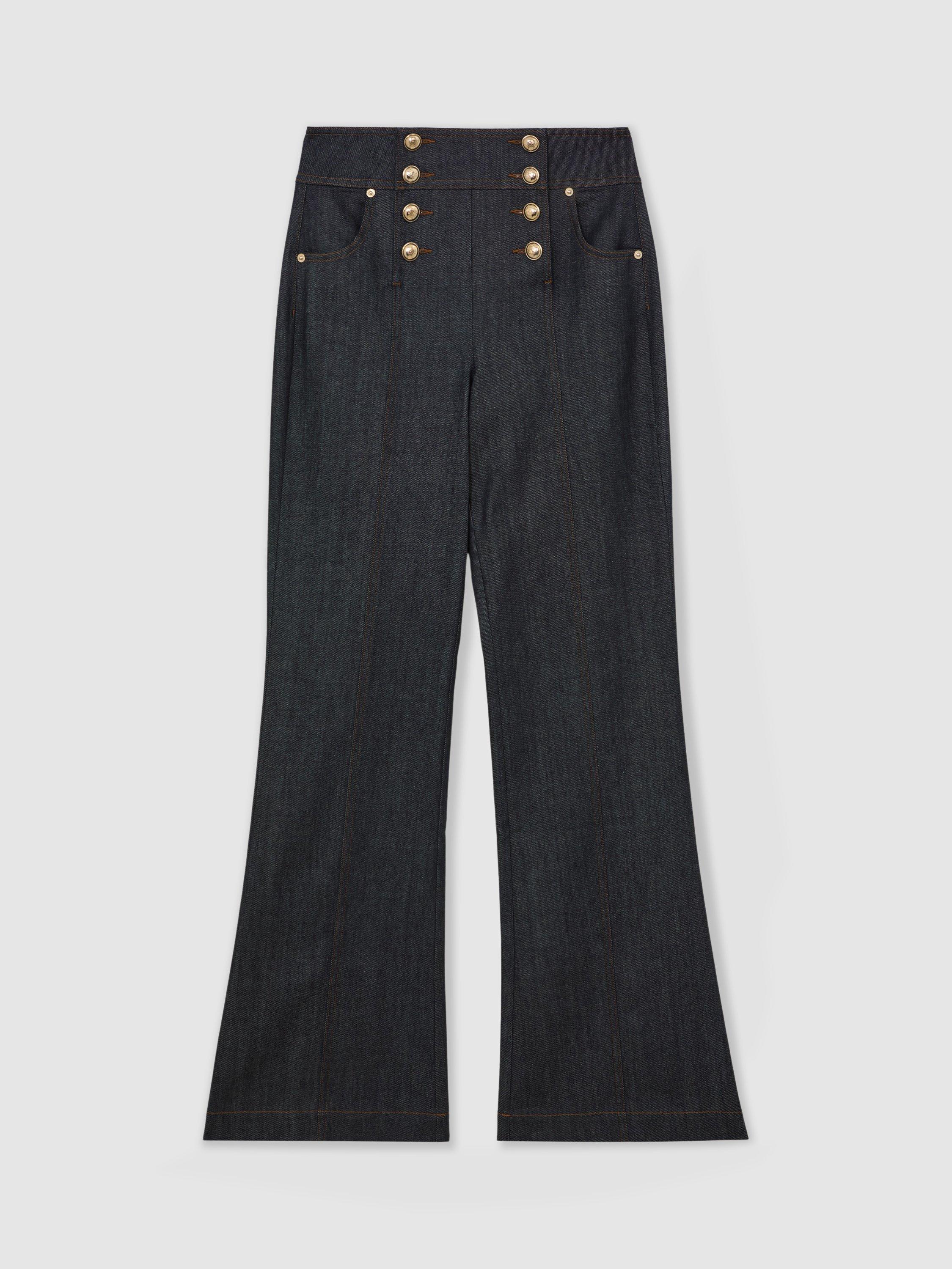 Product image 3 of 5, which shows Reiss Skylar Button Detail Flared Jeans, Dark Blue, 6R
